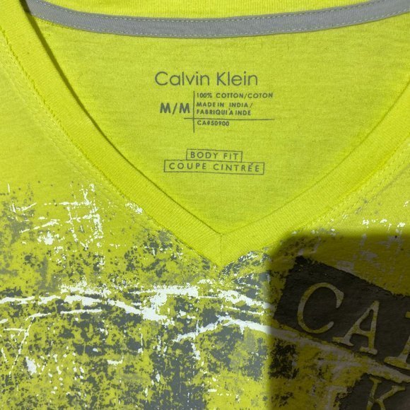 Calvin Klein Wide V Neck T Shirt Yellow - Picture 4 of 5